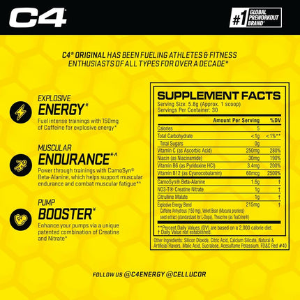 C4 Original Pre Workout Powder Cherry Limeade | Vitamin C for Immune Support | Sugar Free Preworkout Energy for Men & Women | 150mg Caffeine + Beta Alanine + Creatine | 30 Servings