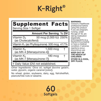 Jarrow Formulas K-Right, Promotes Bone & Cardiovascular Health, Vitamin K-Complex, 60 Softgels