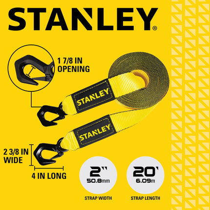 STANLEY S1051 Black/Yellow 2" x 20' Tow Strap with Heavy Duty Tri-Hook (9,000 lbs Break Strength)