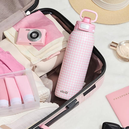 Ello Pop & Fill 32oz Stainless Steel Water Bottle with QuickFill Technology, Double Walled and Vacuum Insulated Metal, Leak Proof Locking Lid, Straw and Chug, Reusable, BPA Free, Pink Gingham