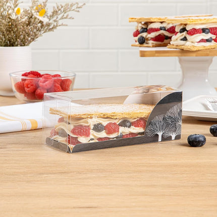 Restaurantware-7 Inch x 2.5 Inch Clear Dessert Boxes, 100 Black Paper Sleeve Transparent Candy Boxes - Tree Accent, No Grease Lining, Clear Plastic Clear Favor Boxes, Crack Resistant, Disposable