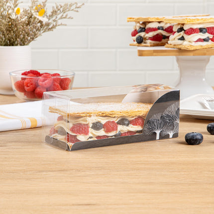 Restaurantware-7 Inch x 2.5 Inch Clear Dessert Boxes, 100 Black Paper Sleeve Transparent Candy Boxes - Tree Accent, No Grease Lining, Clear Plastic Clear Favor Boxes, Crack Resistant, Disposable