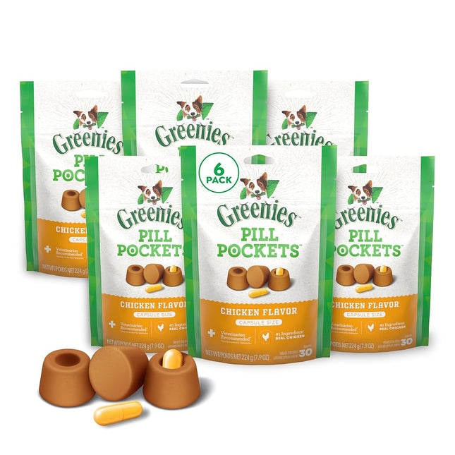 GREENIES PILL POCKETS Capsule Size Natural Dog Treats with Chicken Flavor, (6) 7.9 oz. Packs (180 Treats)