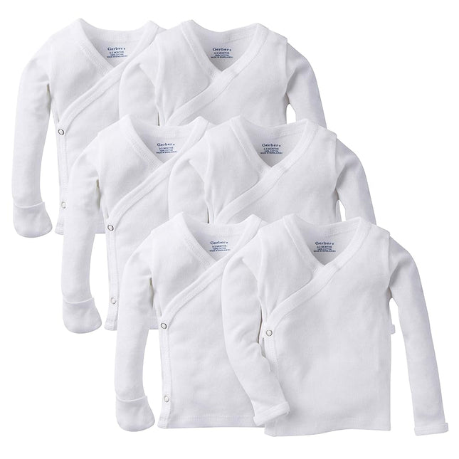 Gerber Baby Girls' 6-Pack Long-Sleeve Side-snap Mitten-Cuff Shirt, White, Newborn