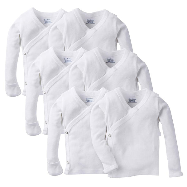 Gerber Baby Girls' 6-Pack Long-Sleeve Side-snap Mitten-Cuff Shirt, White, Newborn