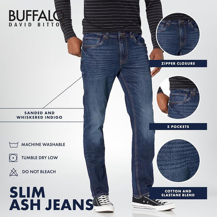Buffalo David Bitton Men's Slim Ash Jeans, Sanded and Whiskered Indigo, 30W x 34L