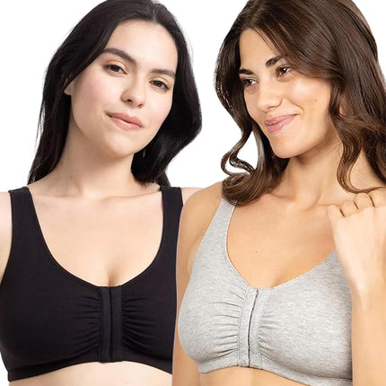 Fruit of the Loom Women's Front Close Sports Bra, Black hue/Heather Grey