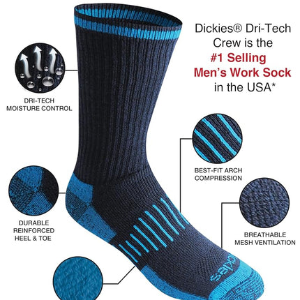 Calcetines de tripulación Dri-tech Legacy de Dickies para hombre con control de humedad multipack, negro brillante (6 pares), L