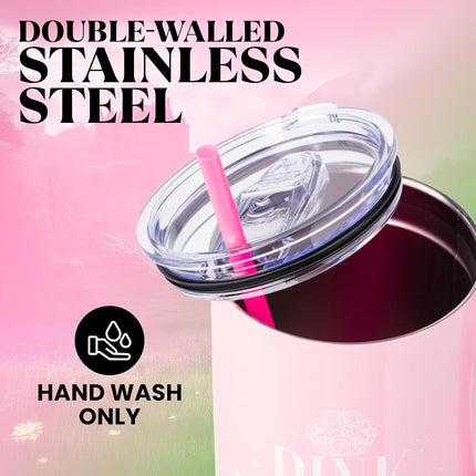 Silver Buffalo Wicked Glinda Pink Perfection Stainless Steel Tumbler with Handle and Straw, Fits in Standard Cup Holder, 40 Ounces
