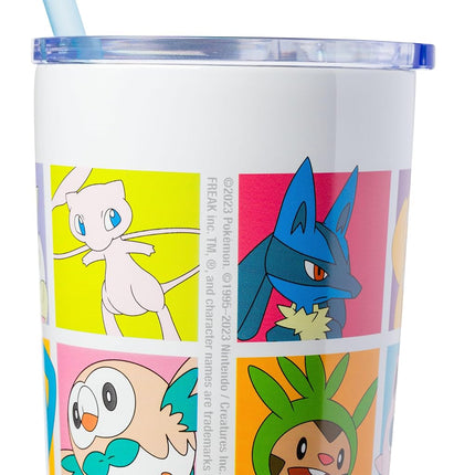 Gobelet isotherme en acier inoxydable double paroi Silver Buffalo Pokémon Pikachu, Ronflex, Salamèche, Carapuce, Bulbizarre, Évoli, Ectoplasma, Togepi, Magicarpe, Psykokwak, Rondoudou, Miaouss, Mew avec paille, 650 ml
