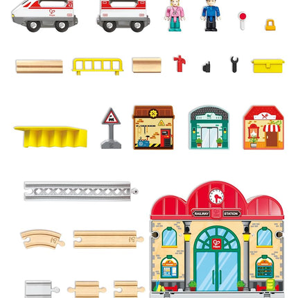 Hape Portable Train Station Set | Wooden Railway Toy with Figurines, Storage Box & Handle | Expandable, Imaginative Play & Travel-Friendly