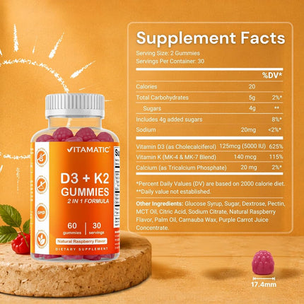 Vitamatic Vitamin D3 K2 Gummies - 60 Count - Supports Healthy Bone, Heart & Calcium Absorption, & Immune Health - Plant Based, Non-GMO, Gluten Free