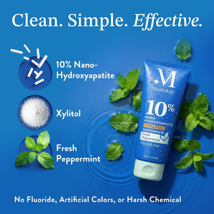 Mouthology 10% Nano Hydroxyapatite Toothpaste (Fluoride Free), Natural, Remineralizing, Whitening, Sensitive Teeth, SLS Free, Xylitol Nano-Hydroxyapatite Toothpaste for Adults, Mint 4oz (USA Made)