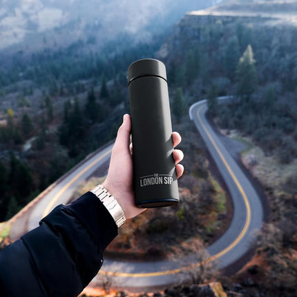 Here & Now Supply Co. Multi-Purpose Travel Mug and Tumbler | Tea Infuser Water Bottle | Fruit Infused Flask | Hot & Cold Double Wall Stainless Steel Coffee Thermos | Extra Long Infuser | by (Black)