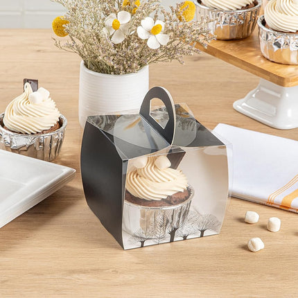 Restaurantware-4 Inch x 4.25 Inch Individual Cupcake Boxes, 100 Disposable Cupcake Display Boxes - with Handle, Tree Accent, Clear Plastic Single Cupcake Containers, for Weddings Or Birthdays