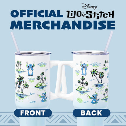 Silver Buffalo Lilo And Stitch Palm Sketch Pattern Stainless Steel Tumbler w Handle, 40 Ounces