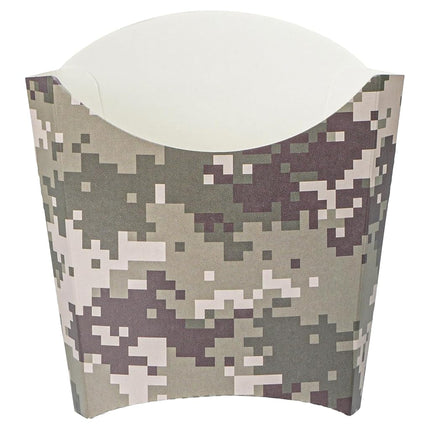 Bio Tek 4.5 x 3.2 x 3.9 Inch French Fry Cup, 100 Disposable Snack Cups - Stackable, Sustainable, Camouflage Paper 3 Ounce Fry Holder, for Fries, Onion Rings, Popcorn, or Cookies - Restaurantware