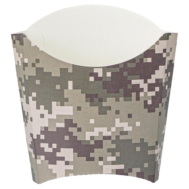 Bio Tek 4.5 x 3.2 x 3.9 Inch French Fry Cup, 100 Disposable Snack Cups - Stackable, Sustainable, Camouflage Paper 3 Ounce Fry Holder, for Fries, Onion Rings, Popcorn, or Cookies - Restaurantware