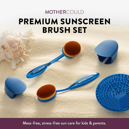 Mothercould Premium Sunscreen Brush Set for Children and Baby Sunscreen Applicator with Metal Handle, Travel Case, 2 Brushes, 2 Caps, and Non-Stick Cleaning Mat, Sun Care (2-pack) (Blue)
