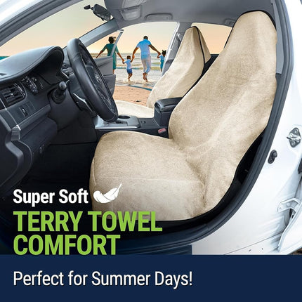 Season Guard Waterproof Towel Seat Cover with Non Slip Grip - Washable Carseat Protector Great for Gym Workout - Universal Terry Cloth Seat Cushion with Pocket Fit for Car SUV Van Truck 1pcs Beige