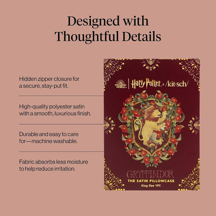 Kitsch x Harry Potter Gryffindor Satin Pillowcase with Zipper for Hair & Skin – Double-Sided, Softer Than Silk, Wrinkle-Free, Machine Washable, Frizz Control, Breakout Prevention - King Size (19x36)