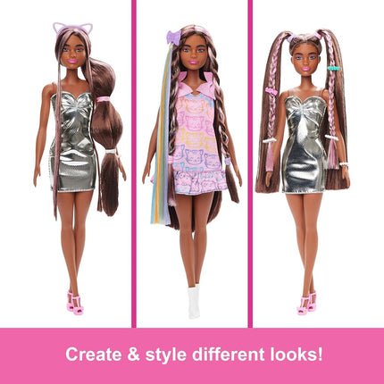 Barbie Fun & Fancy Doll & Accessories, Brunette Fashion Doll with Extra-Long Hair & 2 Looks, Including Silver Metallic Dress & Hair Extension