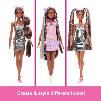 Muñeca Barbie Diversión y Estilo, Morena, con Accesorios y Pelo Extralargo, 2 Looks, Incluye Vestido Metálico Plateado y Extensión de Pelo