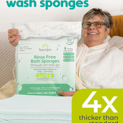 Rinse Free Sponge Bath Wipes (30pack) Extra Large & Thick No Rinse Waterless Body Wipe Sponges Disposable Shower OnTheGo Cleaning Wash Cloths for Kids Adults Elder Care Gym Travel & More (3 Pack)