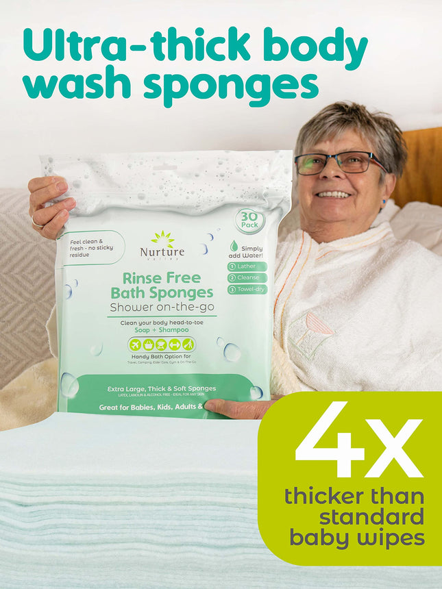 Rinse Free Sponge Bath Wipes (30pack) Extra Large & Thick No Rinse Waterless Body Wipe Sponges Disposable Shower OnTheGo Cleaning Wash Cloths for Kids Adults Elder Care Gym Travel & More (3 Pack)