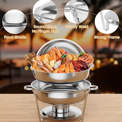 Plat de service pour buffet, service de buffet rond de 5 pintes avec support de couvercle, chafers et chauffe-plats en acier inoxydable avec cuillère et pinces pour les fêtes, les mariages (argent, lot de 2)