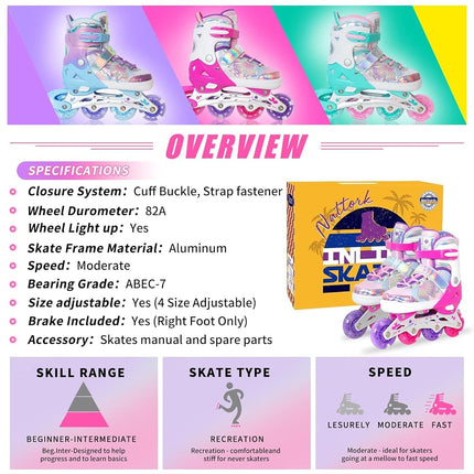 Nattork Kids Inline Skates for Girls Boys - Rose Red Blades Roller for Kids Age 10 11 12 - Adjustable Indoor Outdoor Sports