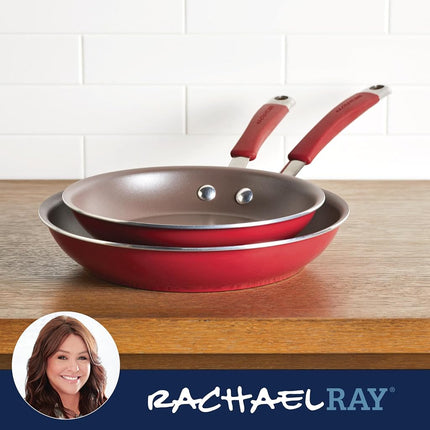 Rachael Ray Cucina Hard Porcelain Enamel Nonstick Skillet Set, 9.25-Inch and 11-Inch, Cranberry Red