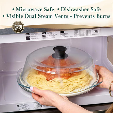 Le'raze Tall Microwave Glass Plate Cover - Splatter Guard Lid with Easy Grip Silicone Handle Knob - 100% Food Grade - BPA Free and Dishwasher Safe - 10inch - Black