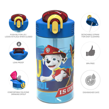 Zak Designs Kids Durable Plastic Spout Cover and Built-in Carrying Loop, Leak-Proof Water Design for Travel, (16oz, 2pc Set), Paw Patrol Marshall Bottle 2pk