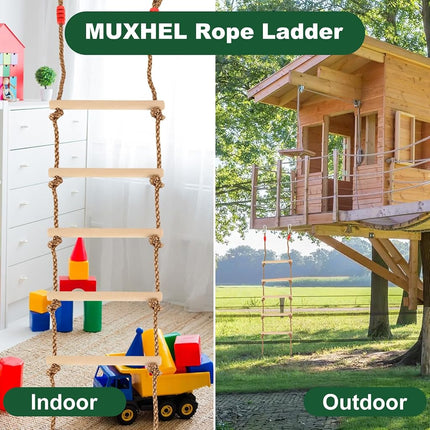 MUXHEL 1 Pcs 6.5 Ft Climbing Rope Ladder for Kids, Wooden Hanging Rope Ladder, Rope Ladder for Treehouse Outdoor and Indoor Swing Set Accessories
