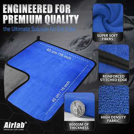 Airlab 4 x Professional 800GSM Microfibre Cloths, 40 x 40 cm, Absorbent Towels, No Streaks, Quick Wash, Dust Capture Polishing, Cleaning Cloths for Glasses, Kitchens, Bathrooms