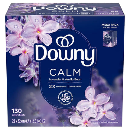 Downy Infusions Mega Dryer Sheets, Laundry Fabric Softener, CALM, Lavender and Vanilla Bean, 130 Count