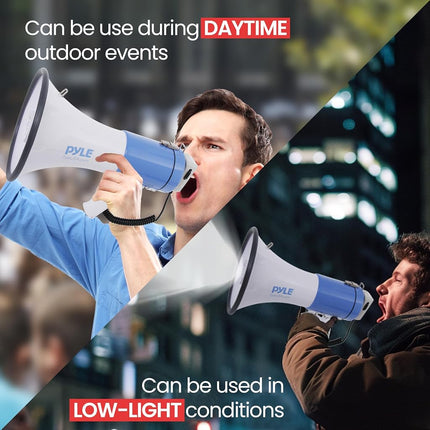 Pyle Portable Compact PA Megaphone Speaker w/LED Flashlight, Alarm Siren, Adjustable Volume, 50W Handheld Lightweight Bullhorn w/Detachable Mic, Battery Powered, for Indoor Outdoor Use (PMP51LT)