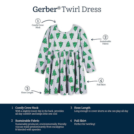 Gerber Baby Girls' Toddler Buttery Soft Long Sleeve Twirl Dress with Viscose Made from Eucalyptus, Spruce, 18 Months