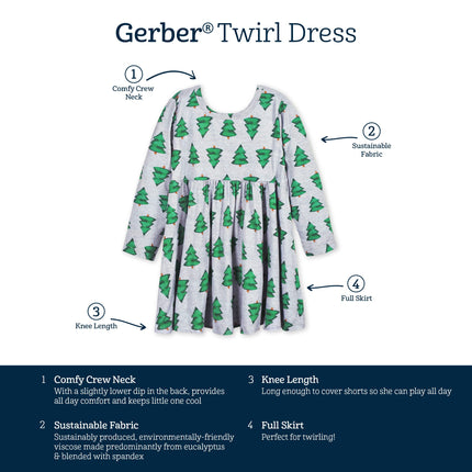 Gerber Baby Girls' Toddler Buttery Soft Long Sleeve Twirl Dress with Viscose Made from Eucalyptus, Spruce, 4T