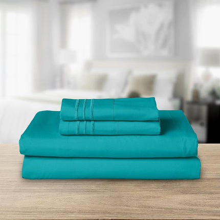 Elegant Comfort Luxurious 1500 Premium Hotel Quality Microfiber Three Line Embroidered Softest 4-Piece Bed Sheet Set, Wrinkle and Fade Resistant, Twin/Twin XL, Turquoise
