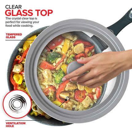 Modern Innovations Universal Lids (Set of 2) Fits 7 to 12-Inch Cookware, Silicone Replacement Pan Lid, Glass Top Covers for Skillets, Pots, Frying Pans, Cast Iron - Grey