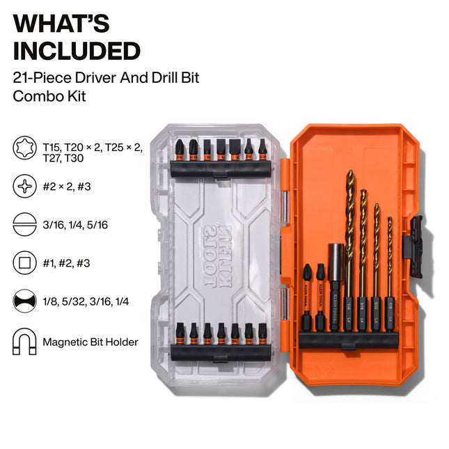 Klein Tools 33811B Drill and Driver Bit Set, 21-Piece, Impact Driver Set, Titanium Coated Drill Bits, Precision Machined, MODbox Compatible Storage Case, Tool Kit