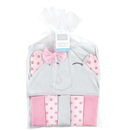 Hudson Baby Unisex Baby Hooded Towel and Five Washcloths, Pink Dots Pretty Elephant, One Size