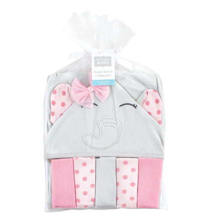 Hudson Baby Unisex Baby Hooded Towel and Five Washcloths, Pink Dots Pretty Elephant, One Size