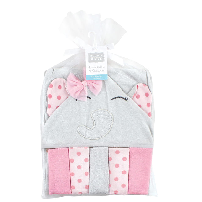 Hudson Baby Unisex Baby Hooded Towel and Five Washcloths, Pink Dots Pretty Elephant, One Size