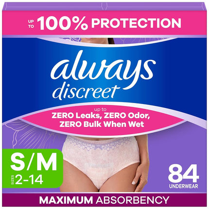 Always Discreet Adult Incontinence Underwear for Women and Postpartum Underwear, S/M, Up to 100%* Bladder Leak Protection, 84 CT,