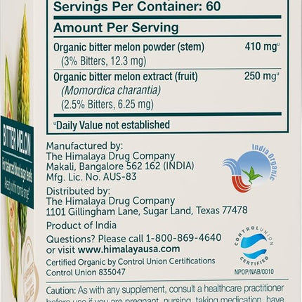 Himalaya Organic Bitter Melon/Karela, 60 Caplets for Balanced Blood Sugar Level, 660 mg, 1 Month Supply (1PACK)