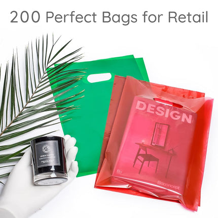 200 Red & Green Goodie Bags 100 Red and 100 Green 23cm x 30cm (9”x12”) Merchandise Bags Thick Glossy Retail Bags and Shopping Bags for Small Business with Die Cut Handles