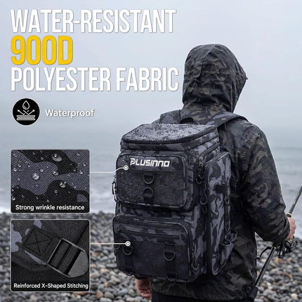 PLUSINNO Fishing Backpack with Rod Holders, 42L Large Water-resistant Fishing Tackle Bag for Fishing, Camping, Hiking, Gifts for Men, Black Camo